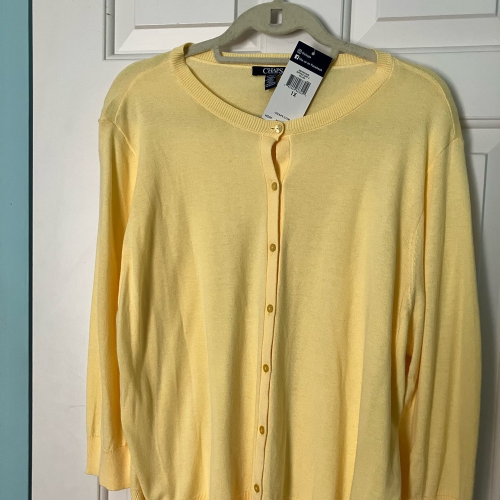 Chaps butter yellow cardigan. Brand new with tags. Size 1X.